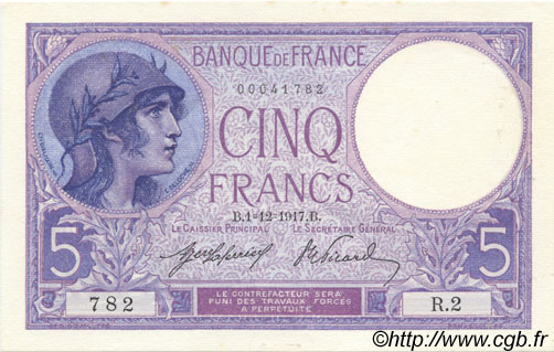 5 Francs FEMME CASQUÉE FRANCE  1917 F.03.01 AU+