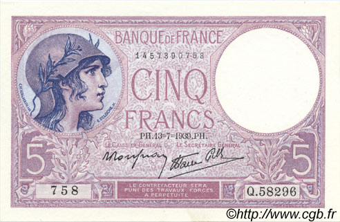 5 Francs FEMME CASQUÉE modifié FRANCIA  1939 F.04.01 FDC