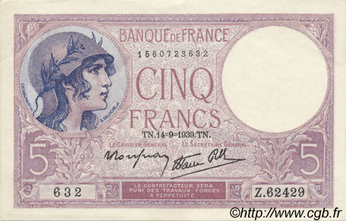 5 Francs FEMME CASQUÉE modifié FRANKREICH  1939 F.04.08 fST+