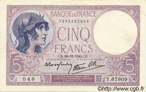 5 Francs FEMME CASQUÉE modifié FRANCIA  1940 F.04.18 SPL
