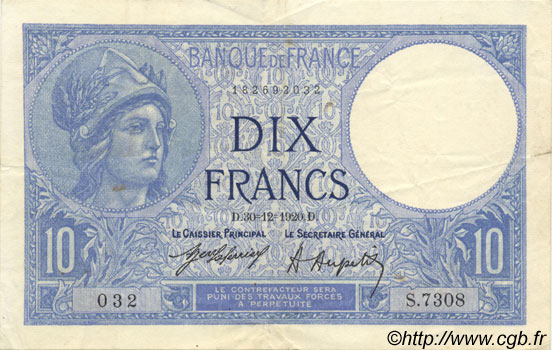 10 Francs MINERVE FRANCIA  1920 F.06.04 MBC