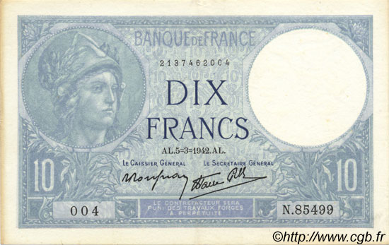 10 Francs MINERVE modifié FRANKREICH  1942 F.07.31 VZ+