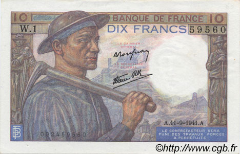 10 Francs MINEUR FRANCE  1941 F.08.01 UNC-