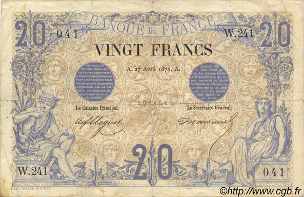 20 Francs NOIR FRANKREICH  1875 F.09.02 S