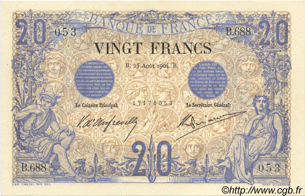 20 Francs NOIR FRANKREICH  1904 F.09.03 fST+