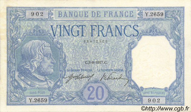 20 Francs BAYARD FRANCIA  1917 F.11.02 SPL a AU