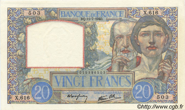 20 Francs TRAVAIL ET SCIENCE FRANCE  1940 F.12.04 AU+