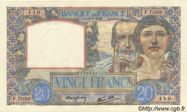 20 Francs TRAVAIL ET SCIENCE FRANCE  1942 F.12.21 UNC-