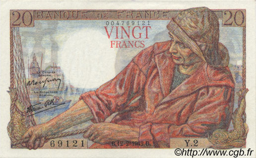 20 Francs PÊCHEUR FRANCIA  1942 F.13.01 AU+