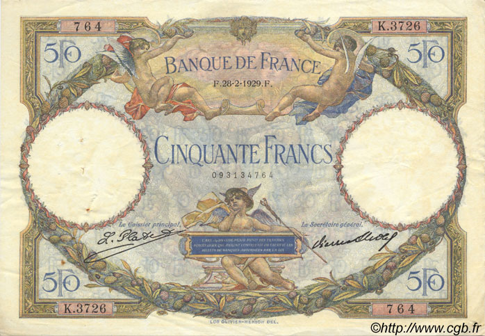 50 Francs LUC OLIVIER MERSON FRANCE  1929 F.15.03 VF - XF