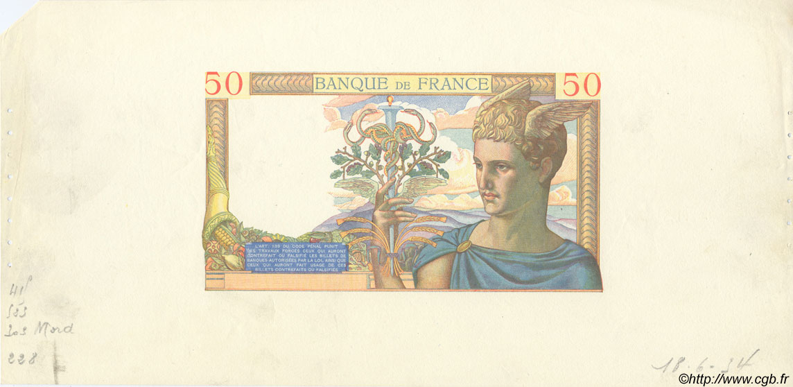 50 Francs CÉRÈS FRANCE  1934 F.17.00Ec UNC-
