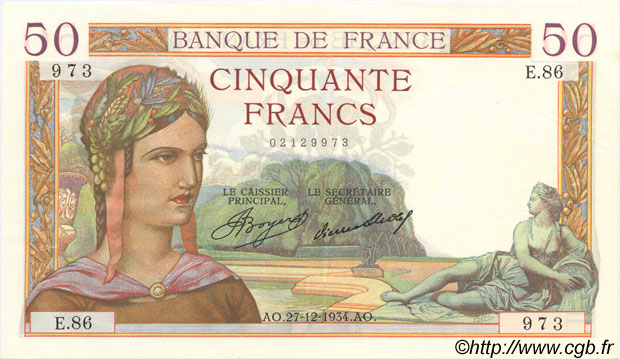 50 Francs CÉRÈS FRANKREICH  1934 F.17.02 VZ+