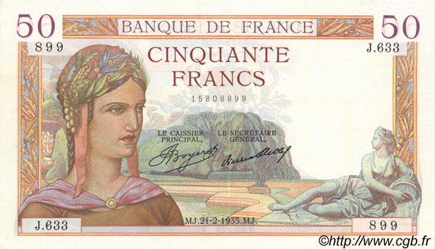 50 Francs CÉRÈS FRANKREICH  1935 F.17.04 fST