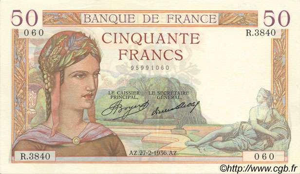 50 Francs CÉRÈS FRANCE  1936 F.17.22 pr.SUP