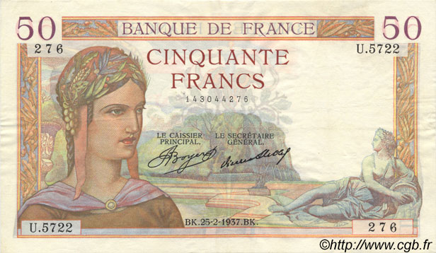 50 Francs CÉRÈS FRANCE  1937 F.17.35 XF-