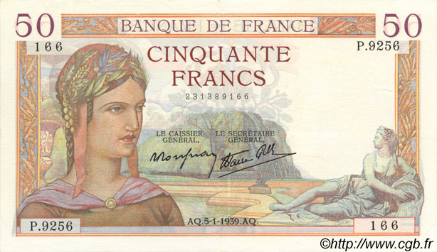 50 Francs CÉRÈS modifié FRANCE  1939 F.18.19 SUP