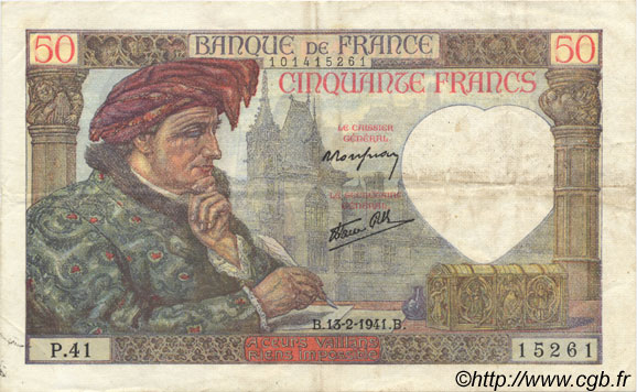 50 Francs JACQUES CŒUR FRANKREICH  1941 F.19.06 fVZ