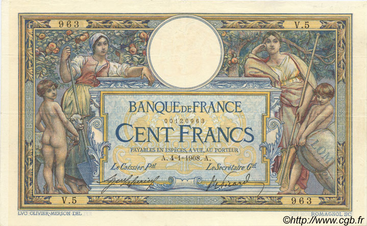 100 Francs LUC OLIVIER MERSON avec LOM FRANCE  1908 F.22.01 XF-