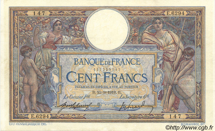 100 Francs LUC OLIVIER MERSON sans LOM FRANCE  1919 F.23.11 VF - XF