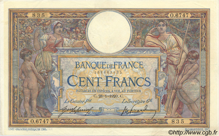100 Francs LUC OLIVIER MERSON sans LOM FRANCE  1920 F.23.12 VF - XF