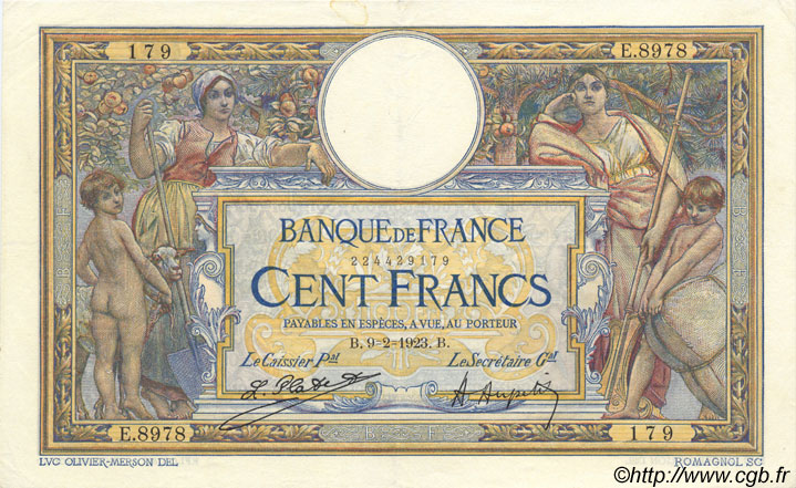 100 Francs LUC OLIVIER MERSON sans LOM FRANCE  1923 F.23.16 XF-