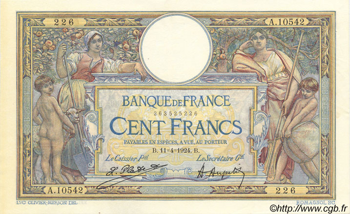 100 Francs LUC OLIVIER MERSON grands cartouches FRANCIA  1924 F.24.02 SPL
