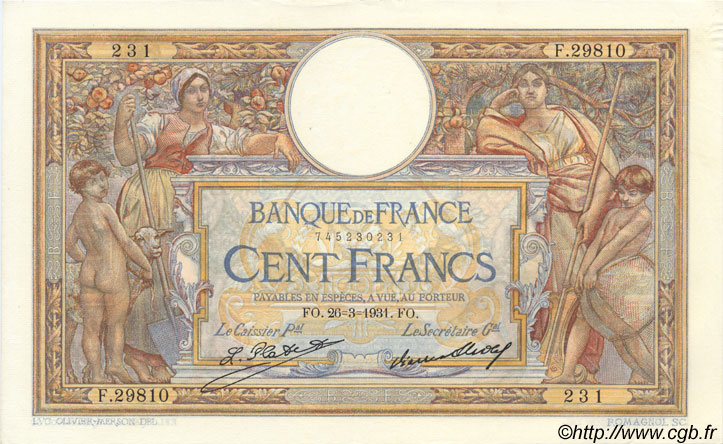 100 Francs LUC OLIVIER MERSON grands cartouches FRANKREICH  1931 F.24.10 VZ to fST