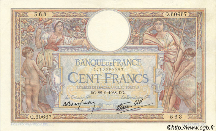 100 Francs LUC OLIVIER MERSON type modifié FRANCE  1938 F.25.29 XF+