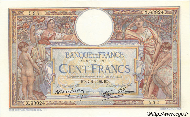 100 Francs LUC OLIVIER MERSON type modifié FRANCIA  1939 F.25.41 SPL+