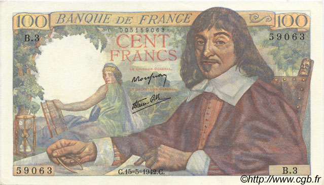100 Francs DESCARTES FRANCIA  1942 F.27.01 SPL a AU