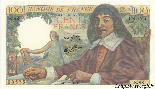 100 Francs DESCARTES FRANCIA  1941 F.27.05 FDC