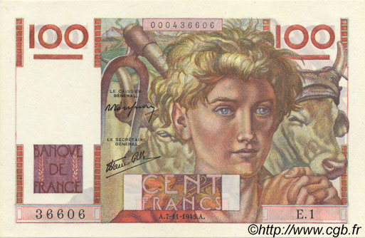 100 Francs JEUNE PAYSAN FRANCE  1945 F.28.01 AU+