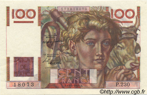 100 Francs JEUNE PAYSAN FRANCE  1948 F.28.17 AU