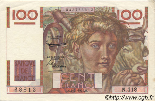 100 Francs JEUNE PAYSAN FRANCE  1951 F.28.30 AU+