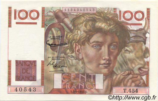 100 Francs JEUNE PAYSAN FRANKREICH  1952 F.28.32 ST