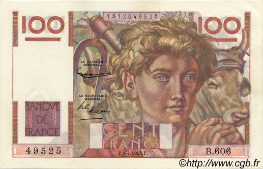 100 Francs JEUNE PAYSAN FRANCIA  1954 F.28.43a q.FDC