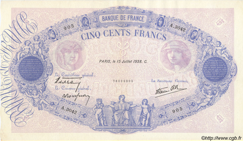 500 Francs BLEU ET ROSE modifié FRANCE  1938 F.31.18 TTB+