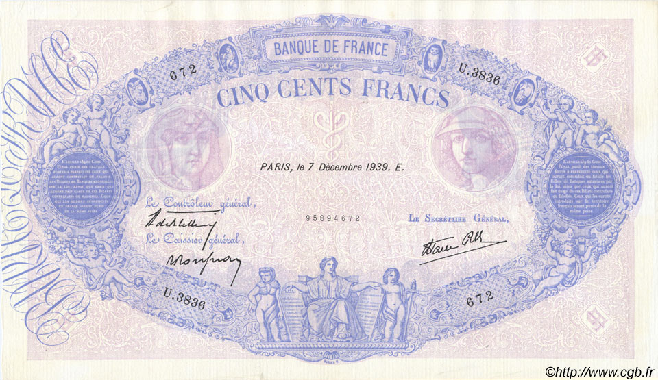 500 Francs BLEU ET ROSE modifié FRANCE  1939 F.31.51 XF