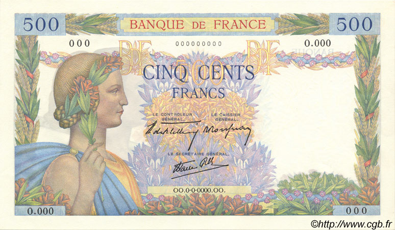 500 Francs LA PAIX FRANCIA  1940 F.32.01S FDC
