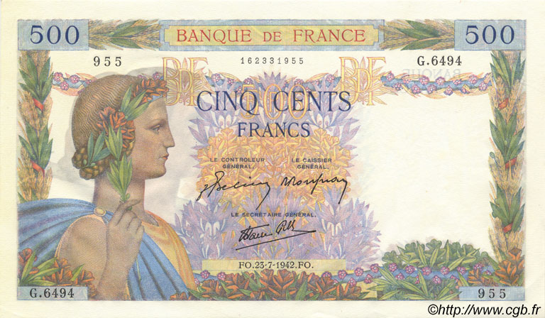500 Francs LA PAIX FRANKREICH  1942 F.32.38 fST+