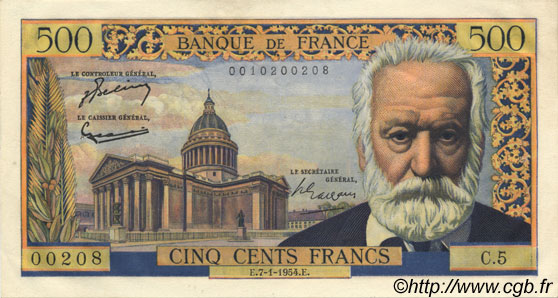 500 Francs VICTOR HUGO FRANCIA  1954 F.35.01 EBC+