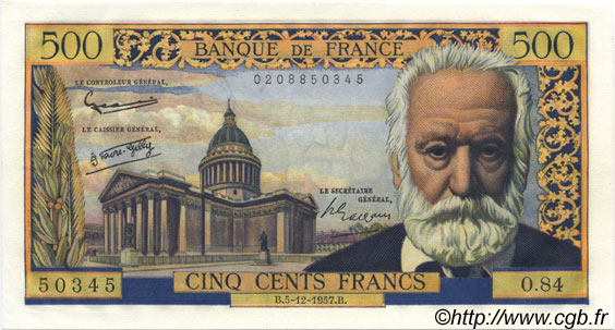500 Francs VICTOR HUGO FRANCE  1957 F.35.07 UNC-