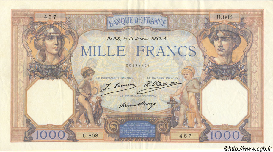 1000 Francs CÉRÈS ET MERCURE FRANCIA  1930 F.37.04 MBC+ a EBC