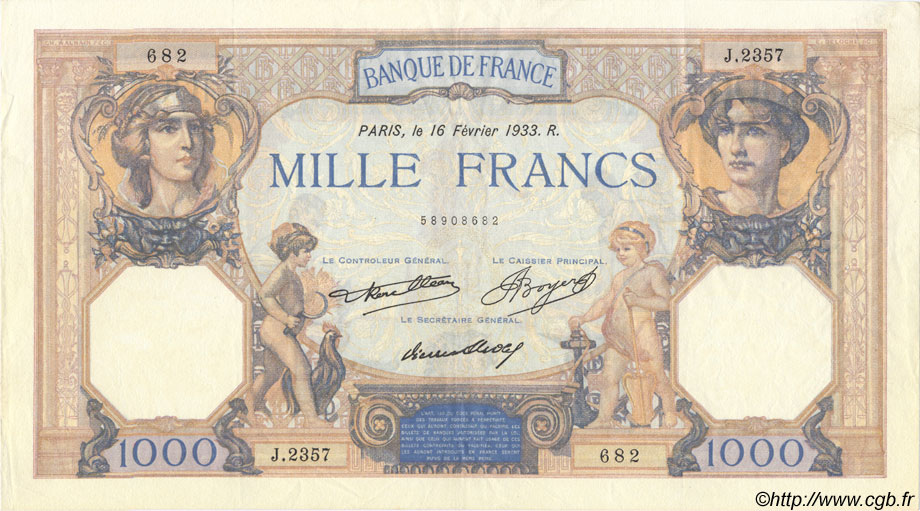 1000 Francs CÉRÈS ET MERCURE FRANCIA  1933 F.37.08 MBC+