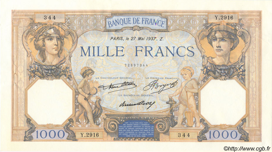 1000 Francs CÉRÈS ET MERCURE FRANKREICH  1937 F.37.10 VZ+