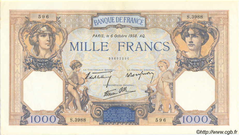 1000 Francs CÉRÈS ET MERCURE type modifié FRANCE  1938 F.38.28 AU