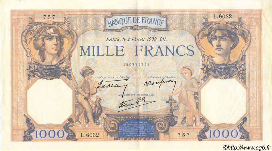 1000 Francs CÉRÈS ET MERCURE type modifié FRANCIA  1939 F.38.34 SPL