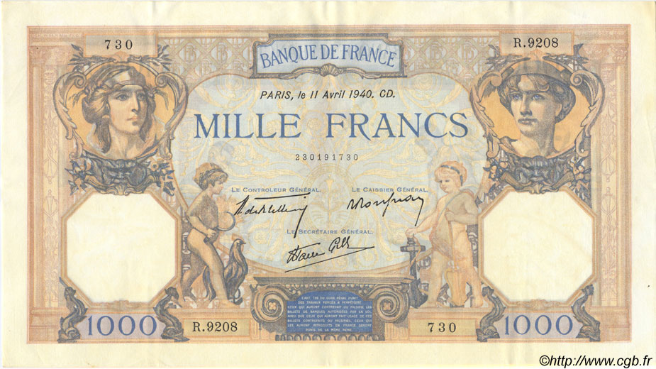 1000 Francs CÉRÈS ET MERCURE type modifié FRANKREICH  1940 F.38.45 VZ+