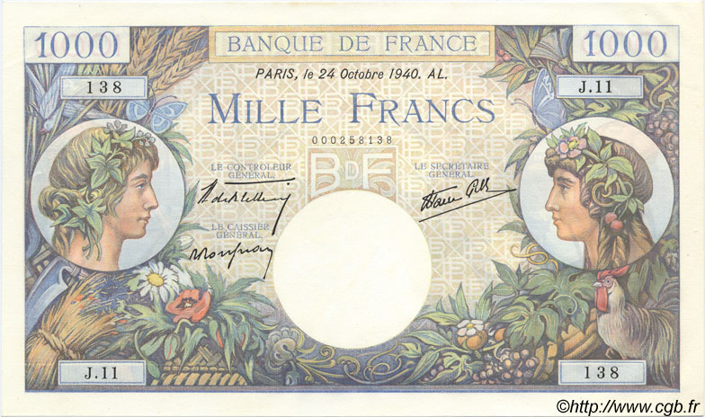1000 Francs COMMERCE ET INDUSTRIE FRANKREICH  1940 F.39.01 fST+