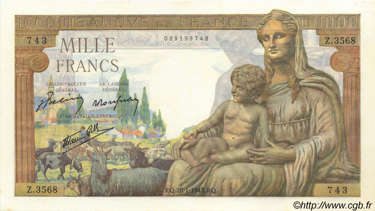 1000 Francs DÉESSE DÉMÉTER FRANCIA  1943 F.40.17 q.FDC